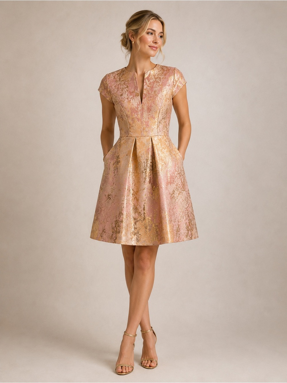 Vince Camuto NWT Metallic Pink Gold Jacquard Fit & Flare Dress Size 2 - Picture 4 of 9